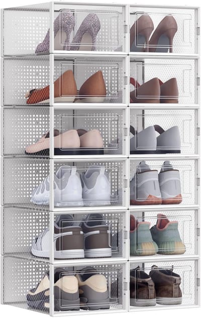 Dailygoods- Schoenendozen stapelbaar - 12 stuks - Opvouwbaar - Schoenopbergers - Transparant/wit - Geschikt voor schoenen tot maat 44