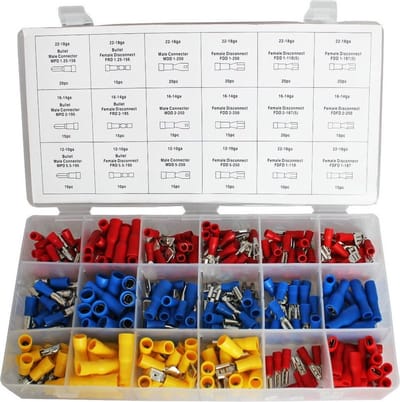 LB Tools professioneel kabelschoen assortiment 280 delig gevuld met diverdse AMP stekkers en kabelverbinders in de kleur blauw rood en geel voor draaddikte van 0.5mm tot 6mm.