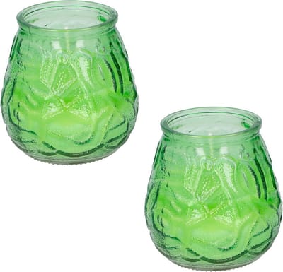 Set van 2x stuks citronella lowboy tuin kaarsen in groen glas - 10 cm - 15 branduren