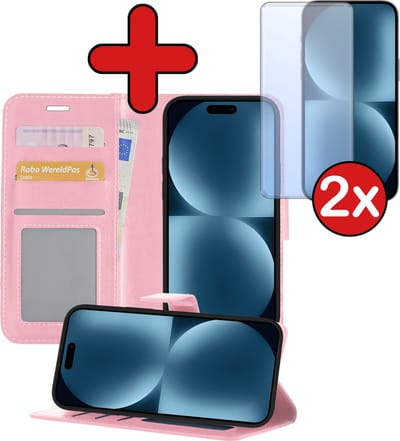 Hoesje - Met 2x Screenprotector - Geschikt voor Apple iPhone 15 - Luxe Pasjeshouder - Flip Case - Bookcase Portemonee - Kunstleer Book Case - Flipcase Hoes - Book Cover - Walletcase - Portemonneehoes - Telefoonhoes - Lichtroze
