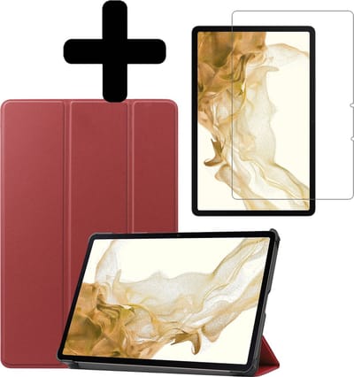 Hoes - Geschikt voor Samsung Galaxy Tab S8 - Met Screenprotector - Trifold Bookcase - Hard Cover - Hardcover Book Case - Tablet Hoesje - Donkerrood
