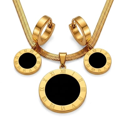 Goudkleurige ketting en oorbellen set voor dames met ronde zwarte hanger