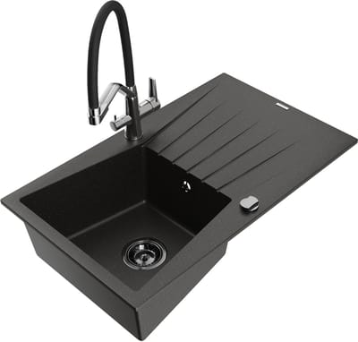 Mexen Cesar granieten spoelbak 1-komors met afdruiprek en duokeukenkraan, zwart/gouden metallic - 6514-75-671701-07-B