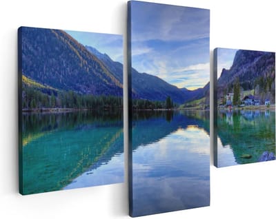 Artaza Canvas Schilderij Drieluik Meer Met Weerkaatsing In De Bergen - 90x60 - Foto Op Canvas - Canvas Print