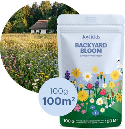 Joyfields Backyard Bloom - Inheems bloemrijk gazonmengsel - 100 gram (50 m²) - Biodivers gazon - Maaibare bloemen - Mengbaar met graszaad