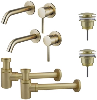 FugaFlow Eccelente Sobrado Badkamer Slim Wastafelkraanset - voor dubbele wastafel - inbouw wastafelkraan - klikwaste plug - verlaagde design sifon - PVD Geborsteld Messing