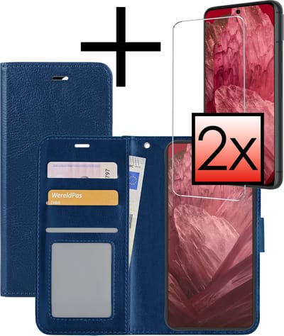 Hoesje - Met 2x Screenprotector - Geschikt voor Google Pixel 8a - Luxe Pasjeshouder - Bookcase Portemonee - Flip Case - Kunstleer Book Case - Flipcase Hoes - Book Cover - Walletcase - Portemonneehoes - Donkerblauw