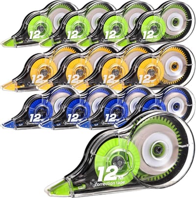 SnelShoppen - 12 Stuks Correctietape Set - 5mm x 12m Correctie Roller met Beschermkap - Perfect voor School, Kantoor en Thuis - Groen, Blauw, Geel