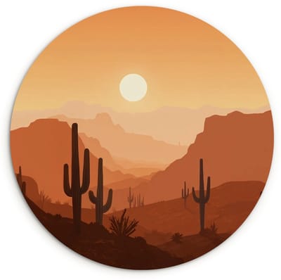 WallCircle® Wandcirkel 120x120 cm - Muurcirkel Landschap - Woestijn - Cactussen - Zon - Muurdecoratie woonkamer - Wanddecoratie slaapkamer - Kamer decoratie accessoires - Ronde schilderijen XXL