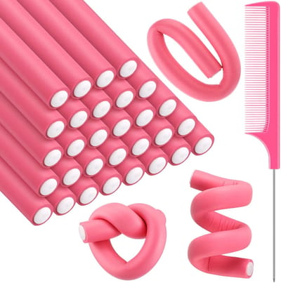 Krultangen, 31 stuks, krultangen zonder verwarming, flexibele krultangen, gedraaide schuimkrultangen, doe-het-zelf haarstylingtools, geschikt voor meisjes om zelf krullen en lusjes te maken, roze.