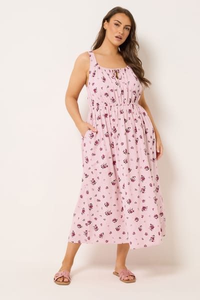 Yours Roze Linnen Jurk Met Bloemenprint In Melkmeisjestijl Size 42