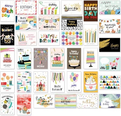 SUNMOOL Wenskaarten - Happy Birthday - Verjaardag - 10x15cm - Gevouwen kaarten met enveloppen - 36 Stuks