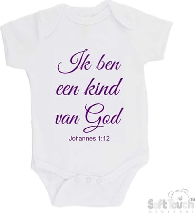 100% katoenen Romper "Ik ben een kind van God Johannes 1:12" Meisjes Katoen Wit/paars Maat 56/62