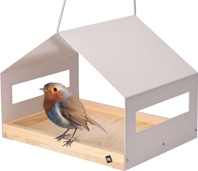 WONDERMAKE® Groot design vogelhuis van metaal en hout weerbestendig om op te hangen, moderne vogelvoeder XL metalen dakophanging, vogelhuisvoeder voor vogels, roestvrij staal grenen, grijsbeige