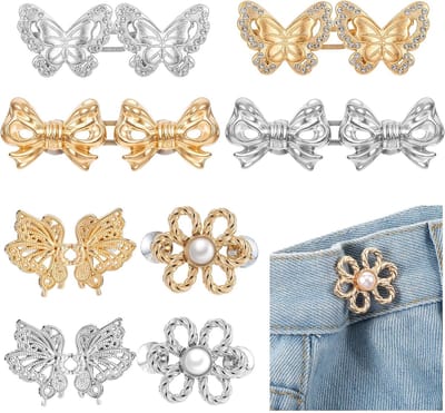 Set van 8 modieuze jeansknopen, tailleband, strakke, verstelbare broeken, strakke, vlinder tailleknopen, damesdrukknopen, naaivrij voor jeansjurken (4 stijlen) | Cyslmuk®