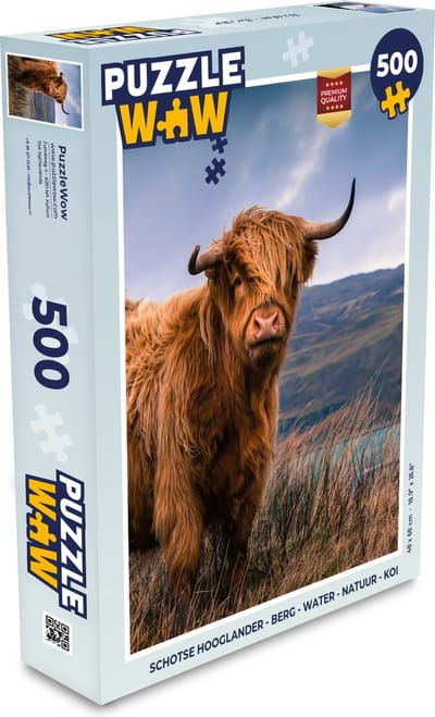 Puzzel Schotse Hooglander - Berg - Water - Natuur - Koe - Legpuzzel - Puzzel 500 stukjes
