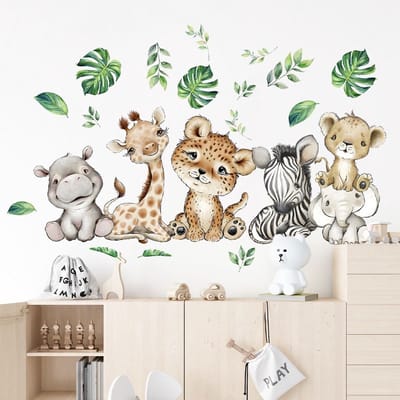 Grote muur- of deur stickerset Baby Jungle Animals - jungle - dieren - muusticker - kinderkamer - babyshower - decoratie