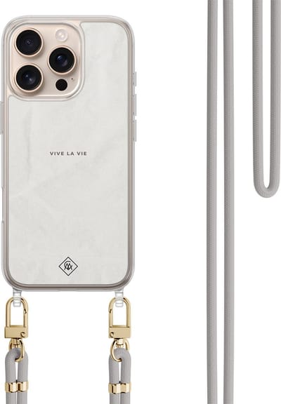 Casimoda® hoesje met koord - Geschikt voor iPhone 16 Pro - Vive La Vie - Afneembaar koord - TPU/polycarbonaat - Grijs