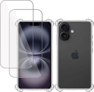 Hoesje + 2x Screenprotector geschikt voor Apple iPhone 16 – Tempered Glass - Extreme Shock Case Transparant