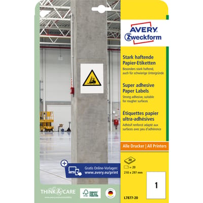 Avery-Zweckform Avery Zweckform L7877-20 sterk hechtende papieretiketten, 210 x 297 mm, 20 vellen/20 etiketten, wit L7877-20 ( 210 x 297 mm, Wit, 20