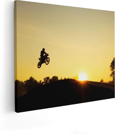 Artaza Canvas Schilderij Motor Sprong - 50x40 cm - Wanddecoratie Zon - Muurdecoratie Motorcross - Kamer Accessoires Silhouet