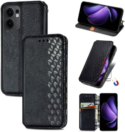 Luxe PU Lederen Ruitpatroon Wallet Case + PMMA Screenprotector voor OPPO Reno 13 F / 13 FS 5G _ Zwart
