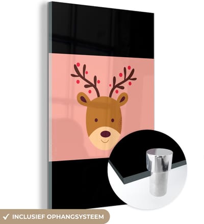 MuchoWow® Glasschilderij 120x180 cm - Schilderij acrylglas - Rendier - Kerst - Roze - Kerstmis - Winter - Foto op glas - Schilderijen