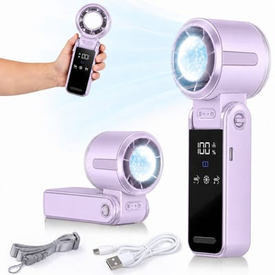 VHV - Handventilator - Mini ventilator - Draagbare ventilator - Met koelplaat - Oplaadbaar - LED display - Krachtig - Voor op reis en vakantie - 17 cm - Taropaars
