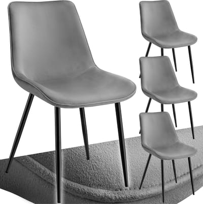 tectake® Eetkamerstoel - Gevoerde fluwelen zitting - Zwart metalen poten - Woonkamer, eetkamer, slaapkamer en kantoor - Draagkracht 120 kg - Set van 4 - Grijs/zwart