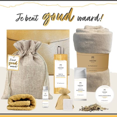 Geschenkset “Je bent goud waard!” - 8 producten - 1210 gram - Triomf Cosmetica | Giftset voor haar Cadeaupakket Wellness Luxe Cadeau Bedankt Verjaardag Vrouw Pakket Moeder Moederdag Kerst Kerstpakket Medewerker Vrijwilliger Zorg Gift Set Crème Goud