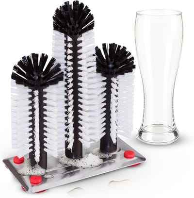 Novaliv glazenwasser met aluminium plaat, 3 afwasborstels en zuignap, glazenwasser voor thuis, bar, catering, feest, afwasborstel, gootsteen, glasborstel, bierglazen reinigen
