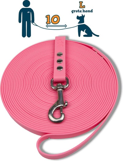 Miqdi lange lijn – BioThane ® - pastel roze - 10 meter lang - 19 mm breed - L/XL - grote hond - lange hondenriem