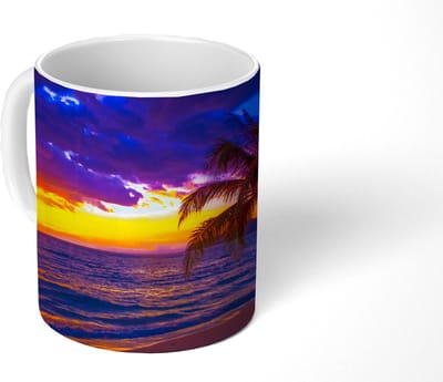 Mok - Koffiemok - Palmboom - Paars - Zonsondergang - Strand - Zee - Mokken - 350 ML - Beker - Koffiemokken - Theemok
