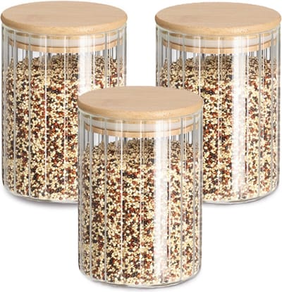 Zeller Voorraad/bewaar pot Grooves - 3x - hard glas - transparant - 550 ml - bamboe deksel - luchtdicht