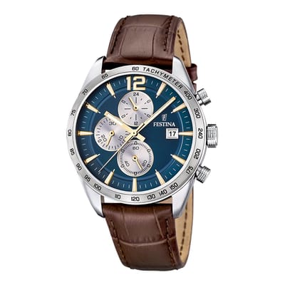 Festina F16760/7 Heren Horloge - Chronograaf - Mineraalglas - Roestvrijstaal/Leer - Zilverkleurig - Ø 43.5 mm - Quartz - Gesp - 5 ATM (douchen)