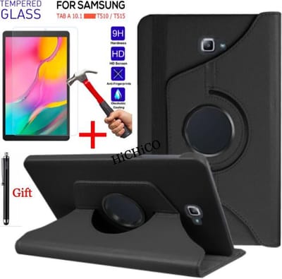 Tablet Hoes met Stylus Pen voor Samsung Galaxy Tab A 10.1” (2019) SM-T510, SM-T515 – Tablet Case - 360° draaistand Cover Tablet hoesje  Zwart + Tempered Glass screen protector van HiCHiCO