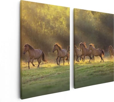 Artaza Canvas Schilderij Tweeluik Kudde Bruine Paarden In De Wei - 80x60 - Foto Op Canvas - Canvas Print