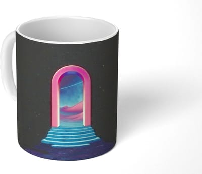 Mok - Koffiemok - Poortje - Landschap - Sterrenhemel - Roze - Mokken - 350 ML - Beker - Koffiemokken - Theemok