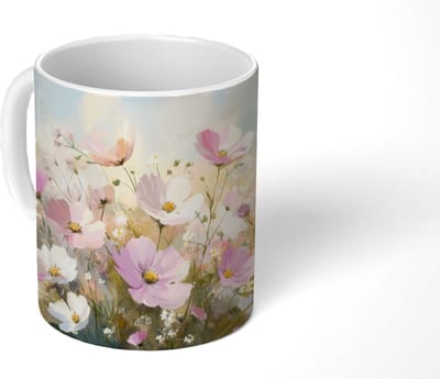 Mok - Koffiemok - Bloemenveld - Lichte tinten - Geschilderd - Mokken - 350 ML - Beker - Koffiemokken - Theemok