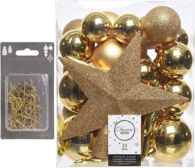 33x stuks kunststof kerstballen 5, 6 en 8 cm goud inclusief ster piek en kerstbalhaakjes - Kerstversiering - Onbreekbaar