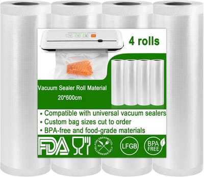 Vacumeerzakken Rollen - 4 Stuks Extra Sterke, BPA-Vrije Folie voor Voedselconservering & Sous Vide