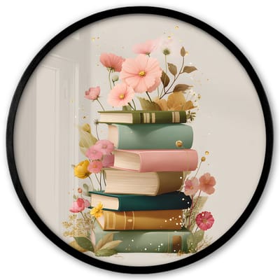Poster in lijst Rond - Fotolijst 40x40 cm - Posters - Boeken - Stapel - Bloemen - Kleurrijk - Ronde posterlijst zwart - Decoratie - Wanddecoratie woonkamer - Muurdecoratie slaapkamer