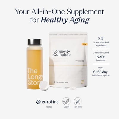 Longevity Complete™ NAD+ booster 24-in-1 Supplement met NR (Nicotinamide Riboside), Lion's Mane en Hyaluronzuur, Creatine en nog 20 andere hoogwaardige ingredienten met Premium NL Kwaliteit