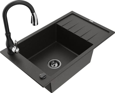 Mexen Elias granieten spoelbak met 1 bak en afdruipgedeelte en keukenkraan Savita, zwart/goud metallic - 6511-75-672601-70-B