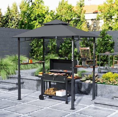 MIVRAY Barbecue Overkapping Met LED - Dubbeldak En Zijplanken - 243 X 148 X 248 Cm - Metaal - Donkergrijs - Voor Tuin En BBQ