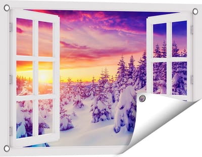 Gards Tuinposter Doorkijk Zonsondergang in het Sneeuw Bos - 60x40 cm - Tuindoek - Tuindecoratie - Wanddecoratie buiten - Tuinschilderij