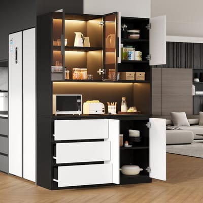MIVRAY Keukenkast - Met Verstelbare LED En 3 Laden - Voor Keuken Eetkamer Of Koffiehoek - Spaanplaat En Glas - 120,5x40x180 Cm