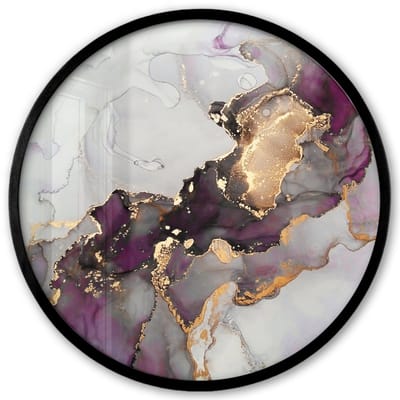 Poster in lijst Rond - Fotolijst 40x40 cm - Posters - Marmer - Abstract - Goud - Paars - Ronde posterlijst zwart - Decoratie - Wanddecoratie woonkamer - Muurdecoratie slaapkamer
