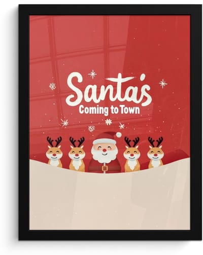 Poster in lijst - Fotolijst 30x40 cm - Posters - Illustratie - Kerstman - Rendieren - Rood - Posterlijst zwart - Decoratie - Wanddecoratie woonkamer - Muurdecoratie slaapkamer - Kerstversiering - Kerstdecoratie voor binnen - Kerstmis
