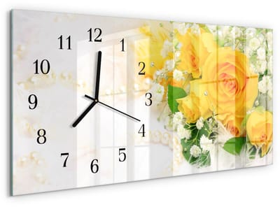 Tulup Wandklok - Bloemen Decoratieve Glazen Klok - 60x30 cm - Geel Glazen Wandklok Design - Zwarte Handen - Rechthoekige Wandklok - Decoratieve Glazen Klok - Glazen Wandklok Design